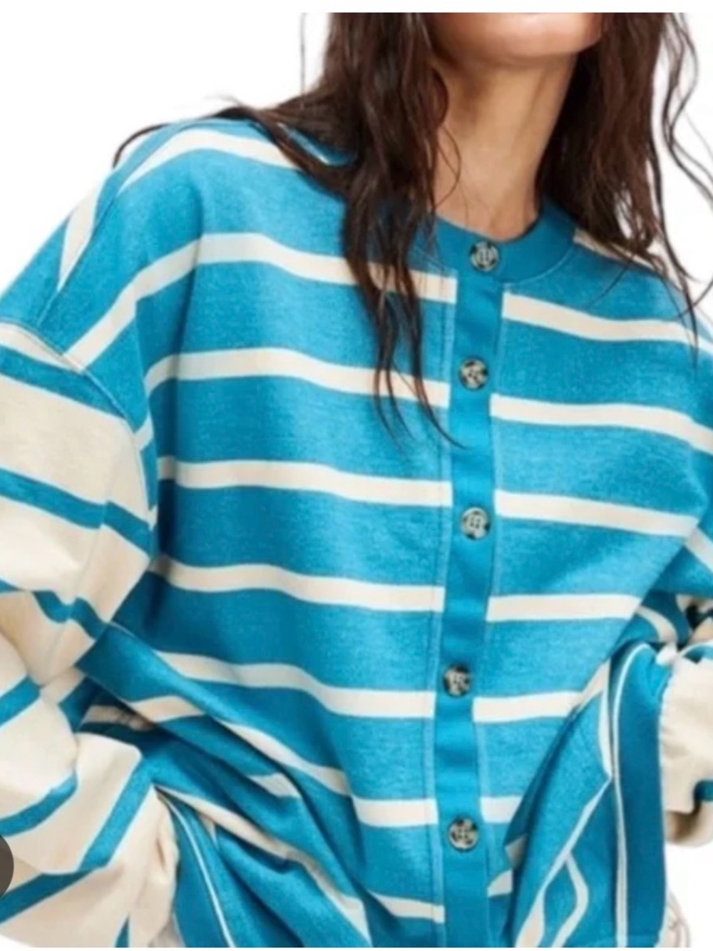 Free People Teal and Cream Classic Striped Button Cardigan NWOT